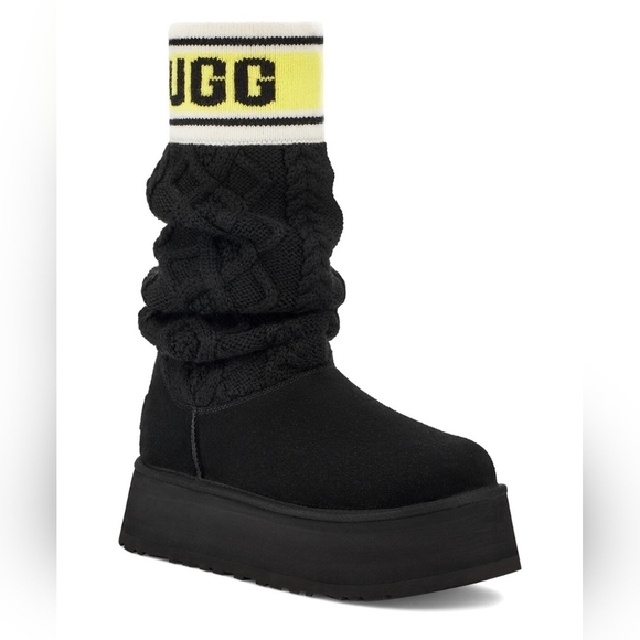 Ugg Black Platform Tall Sock Boot/Sweater Letter Classic Boot Size 8 - Picture 6 of 7